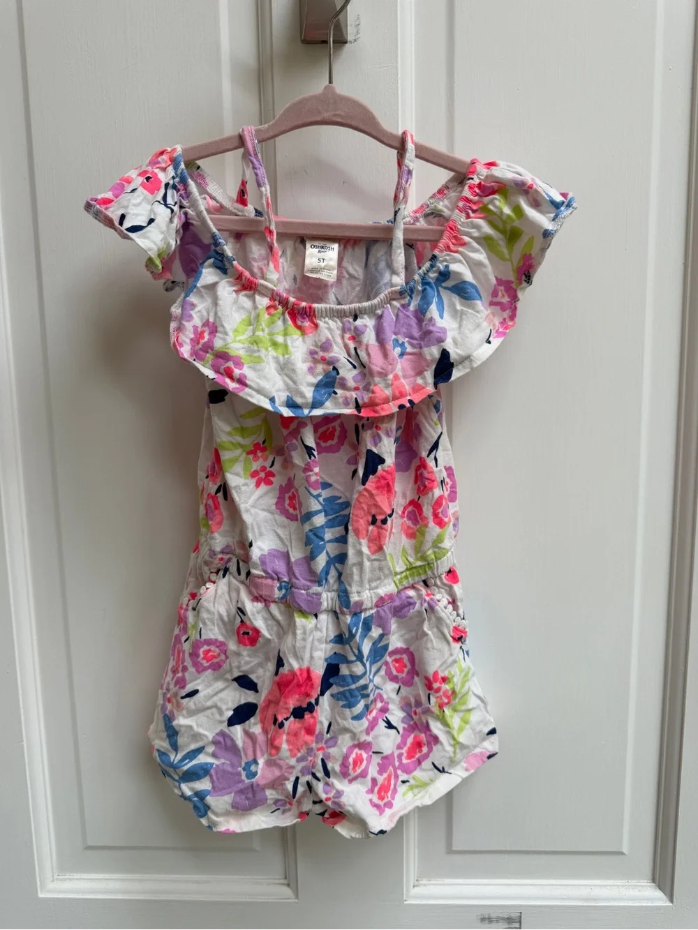 OshKosh B'gosh Girls 5T White Floral Off-Shoulder Tank Romper Pink Blue Flowers